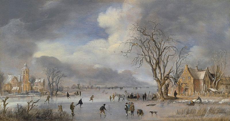 Aert van der Neer A winter landscape with skaters and kolf players on a frozen river oil painting picture